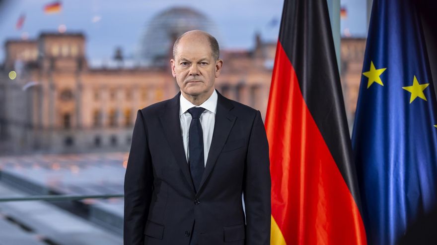 German Chancellor Olaf Scholz poses for pictures after he recorded a televised address to the nation following the Russian military invasion of Ukraine in Berlin, Germany, 24 February 2022.