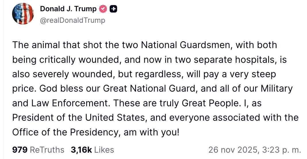 Truth Social de Trump sobre el tiroteo en Washington DC.