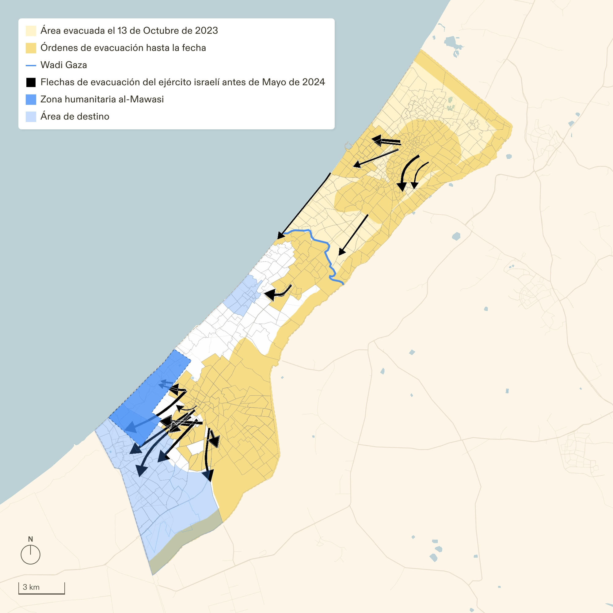 Mapa que refleja la estrategia de Israel para desplazar a la población en Gaza.