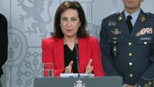 La ministra de Defensa, Margarita Robles, durante la rueda de prensa conjunta en Moncloa.
