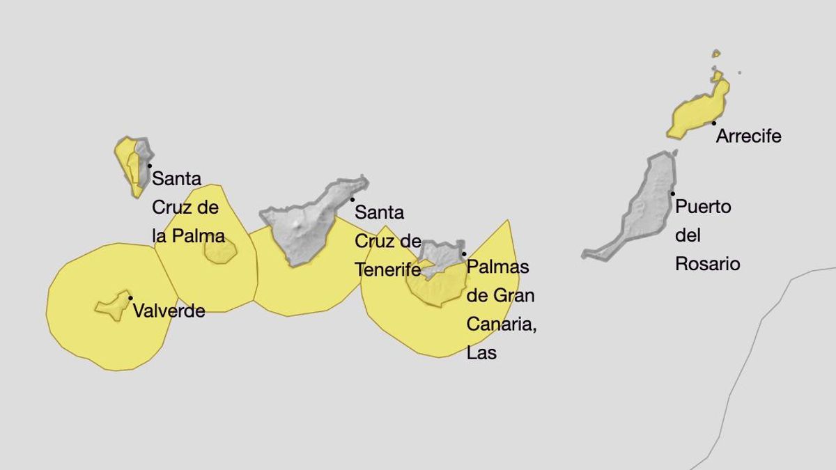 Mapa de los avisos amarillos en Canarias este jueves.
