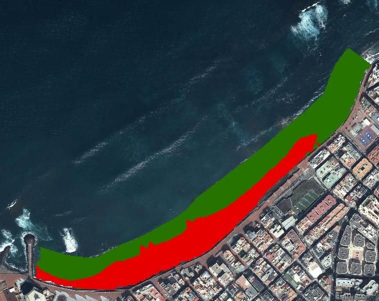 El color verde muestra la arena sumergida acumulada en la zona de La Cícer, en la playa de Las Canteras.