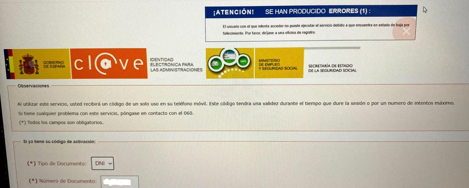 Captura de pantalla en la que se puede ver que no le permite darse de alta en la clave electrónica por estar fallecido.