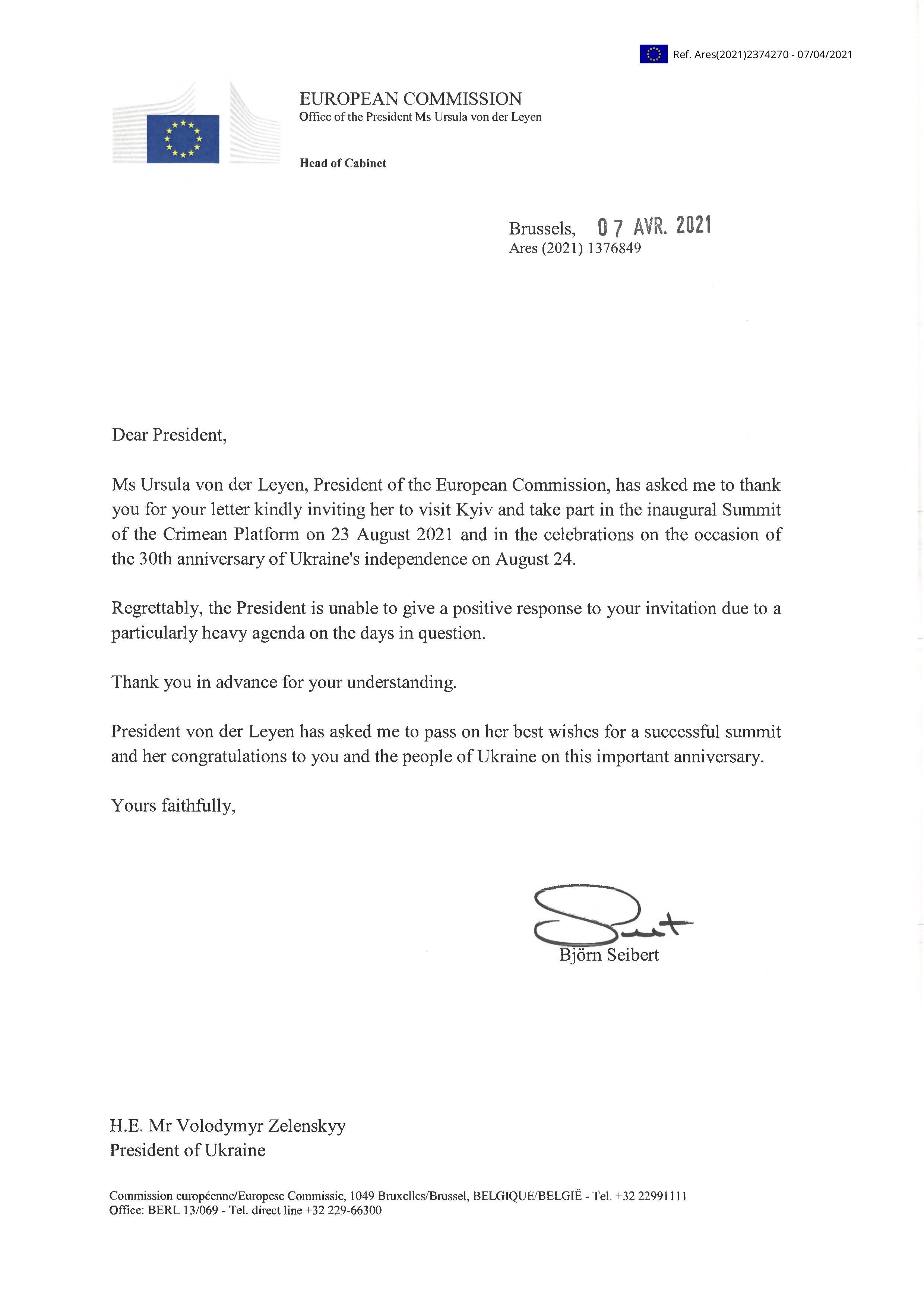 Carta del jefe de gabinete de Ursula von der Leyen al presidente de Ucrania.