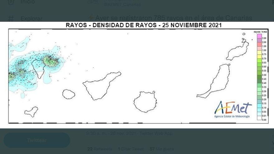 Canarias registra 785 rayos este jueves, la cifra más alta desde octubre de 2018