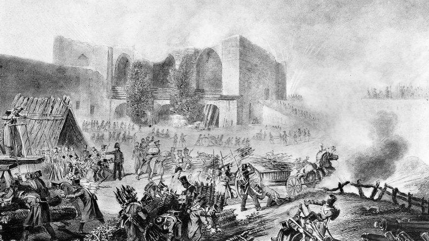 Fotografía de un grabado de la voladura del Castillo de Burgos en la Guerra de la Independencia, que se produjo el 13 de junio de 1813.