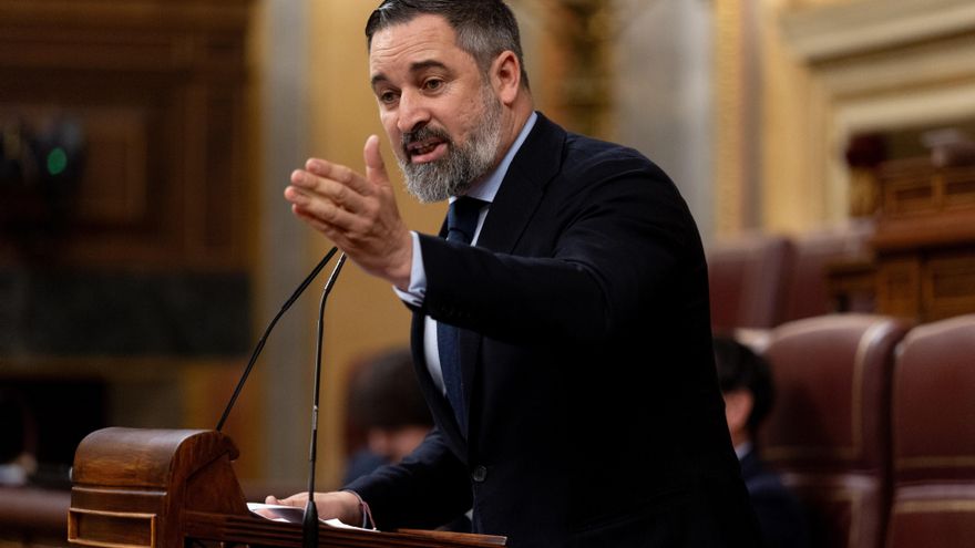 El presidente de VOX, Santiago Abascal, interviene durante una sesión plenaria en el Congreso de los Diputados.