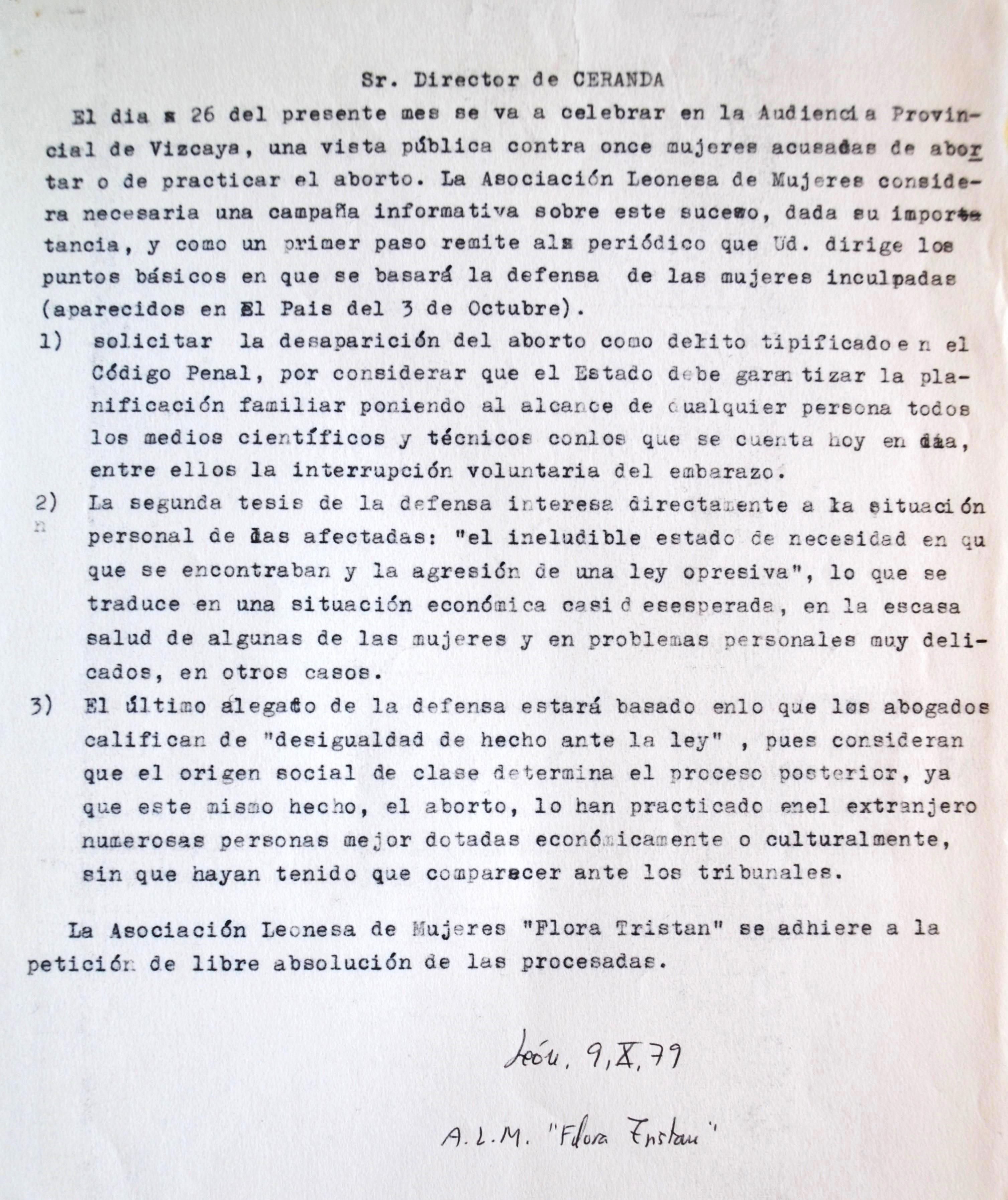 Manifiesto de Flora Tristán en León contra el juicio a mujeres por abortar en el año 1979.