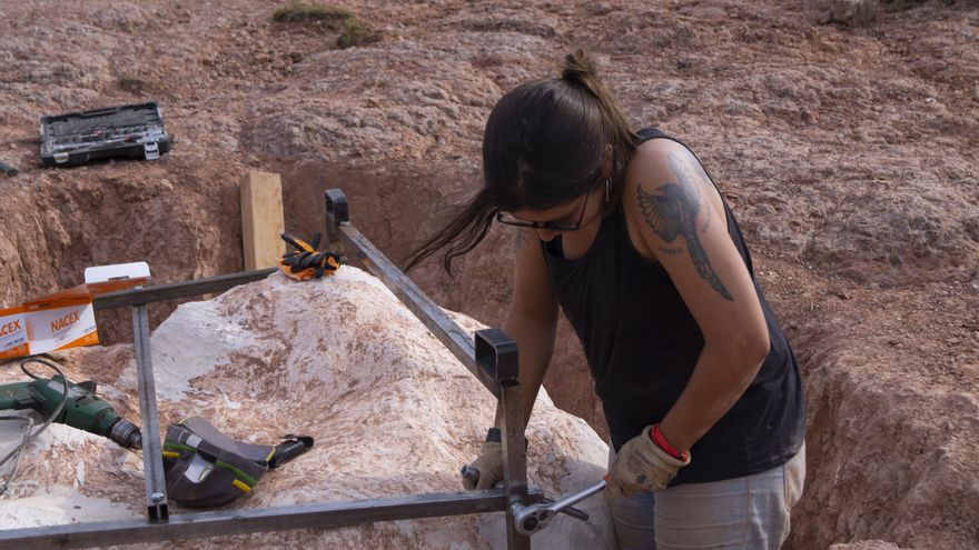 Recuperan un bloque de dos toneladas con huevos fósiles de dinosaurio del yacimiento de Loarre