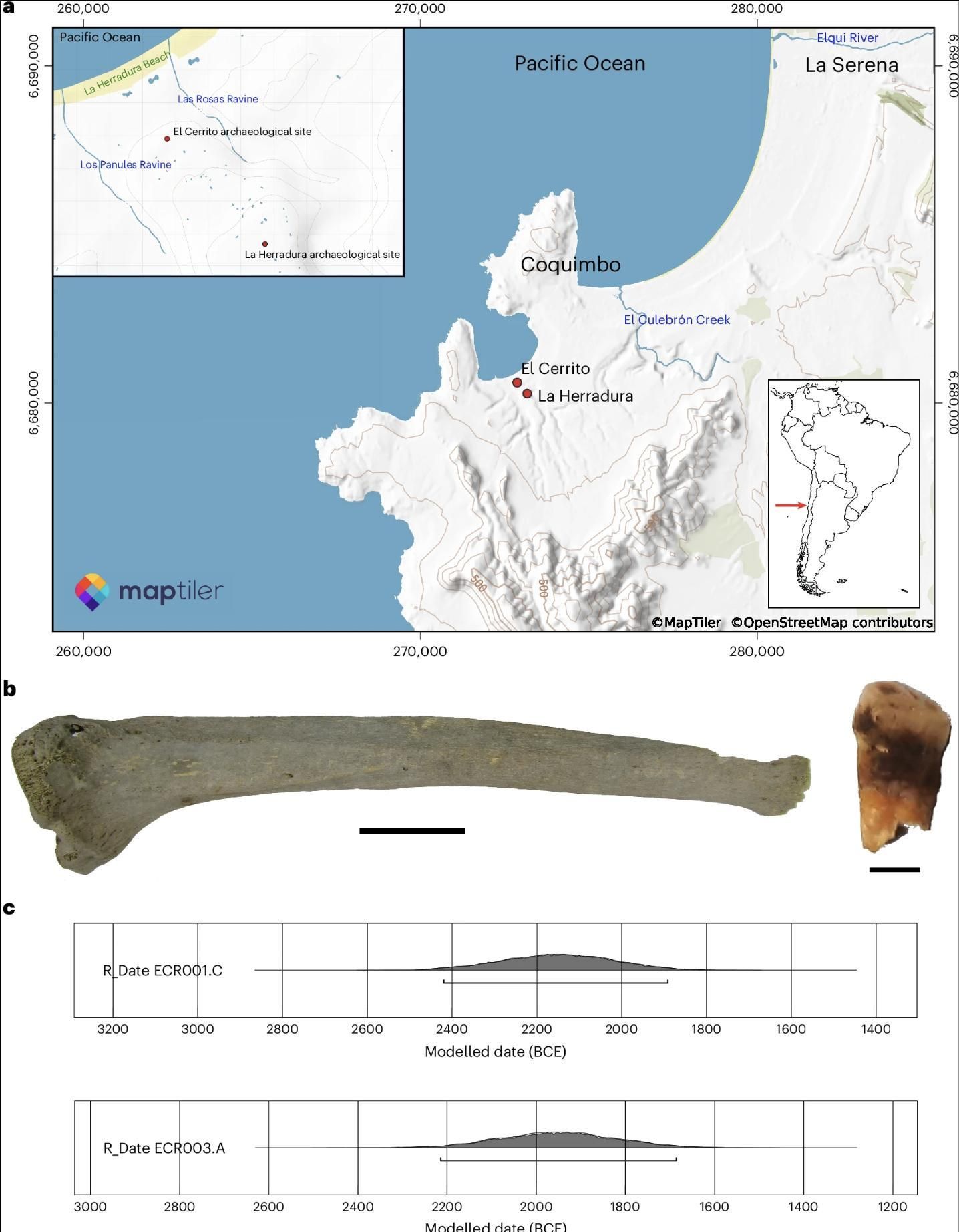 Mapa de la región semiárida de Chile que muestra la ubicación de los dos sitios arqueológicos en estudio. Las coordenadas siguen el sistema universal transversal de Mercator (UTM) (Datum WGS 84, Zona 19J); los valores se dan como este y norte (m). Mapa creado con el complemento MapTiler dentro de QGIS.
