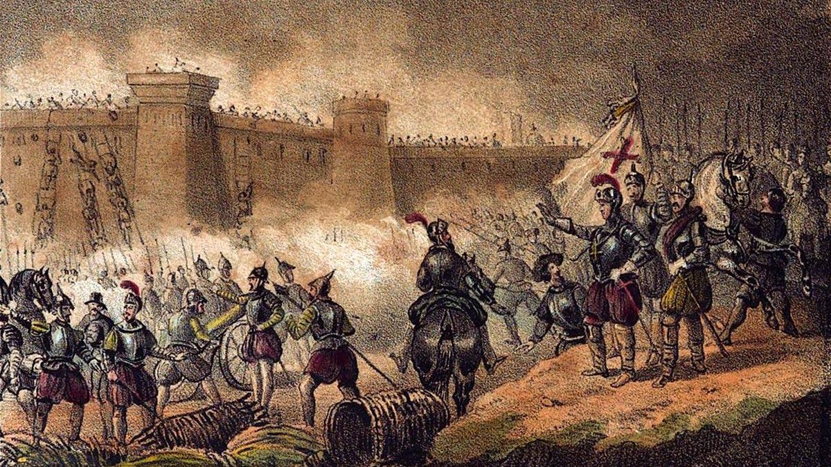 Litografía de J. Donon del siglo XIX recreando el sitio de Valdepero por el Obispo Acuña.