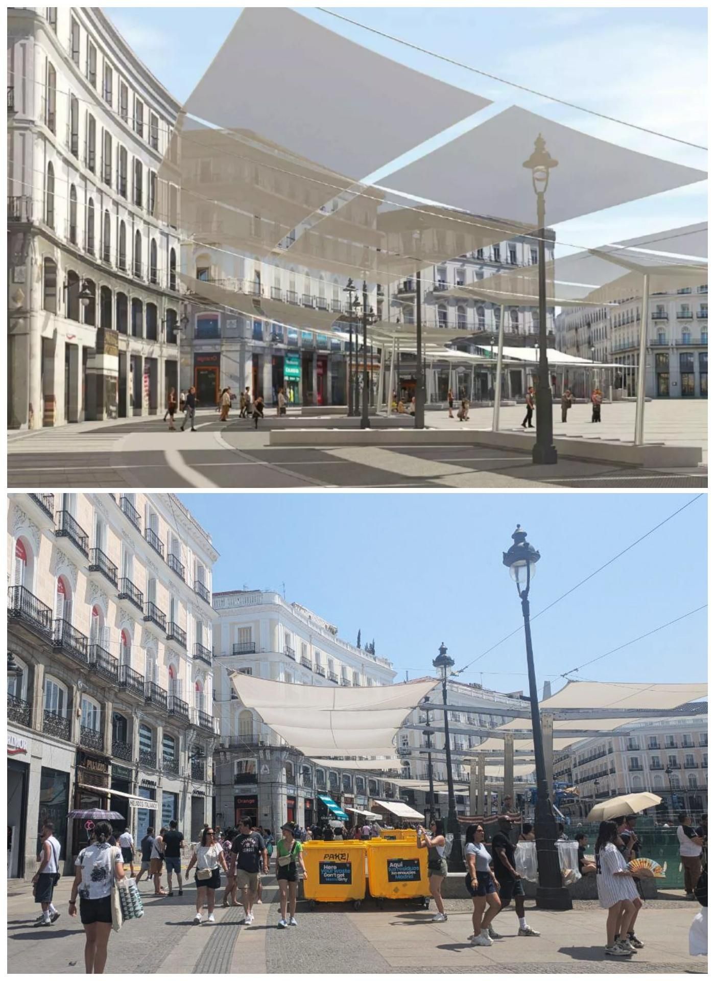 Recreación de los toldos distribuida por el Ayuntamiento arriba