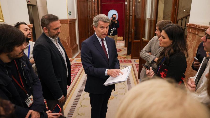 El líder del PP, Alberto Núñez Feijóo, ofrece declaraciones este miércoles a los medios en el Congreso.