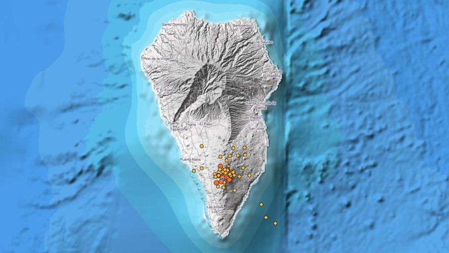 Mapa del IGN donde se indica  los terremotos registrados en las últimas horas en La Palma.