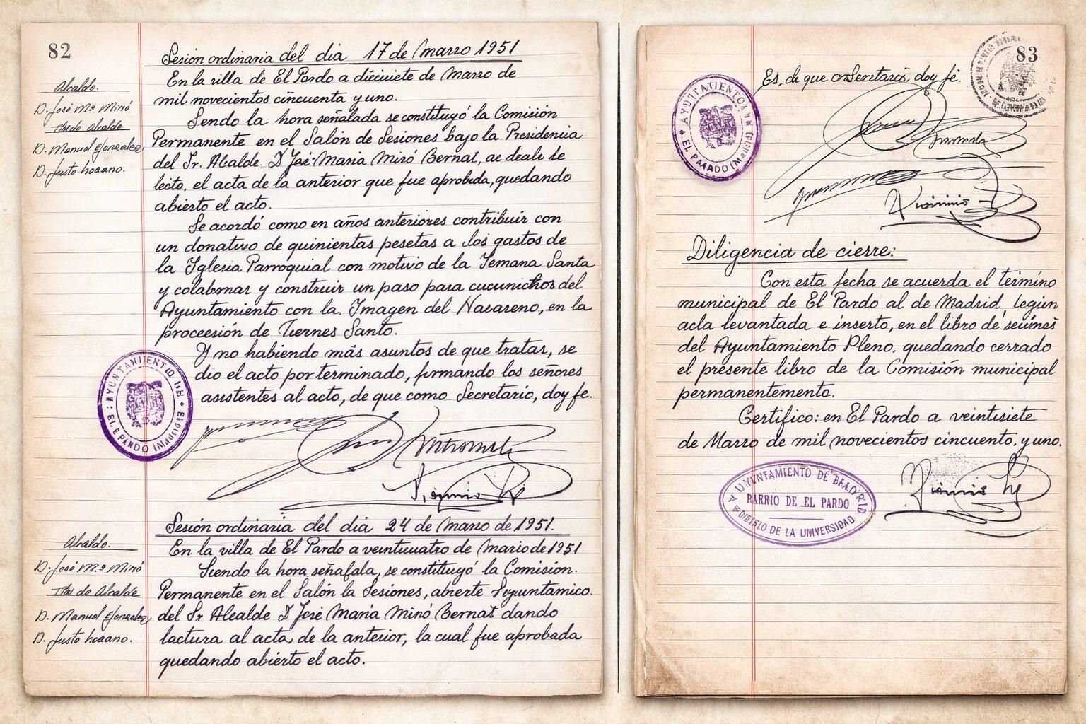 Acta del Ayuntamiento de El Pardo de las últimas sesiones y diligencia del cierre del Ayuntamiento del 27 de marzo de 1951, que certifica su anexión definitiva a Madrid
