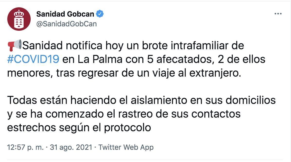 Twitter de la Consejería de Sanidad del Gobierno de Canarias