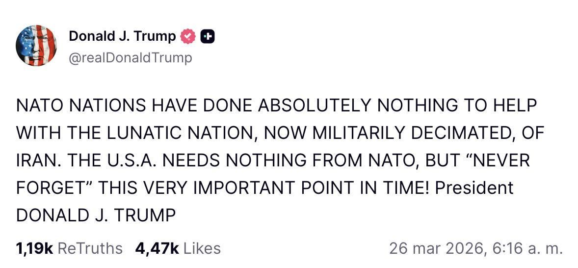 Truth Social de Trump sobre la OTAN.