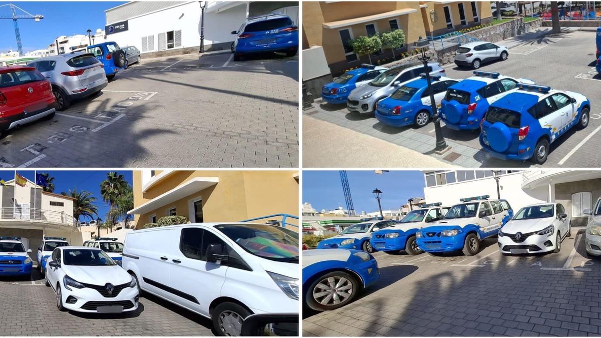 Fotografías de distintos días del aparcamiento de la Policía Local de Arguineguín, con los coches de la alcaldes y los concejales mal aparcados.