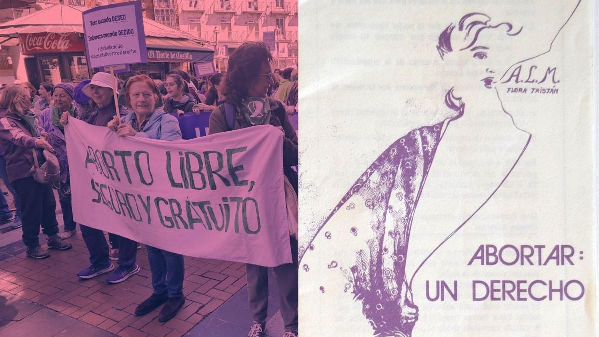 Una manifestación por el derecho al aborto y un folleto informativo sobre el mismo tema del año 1985.