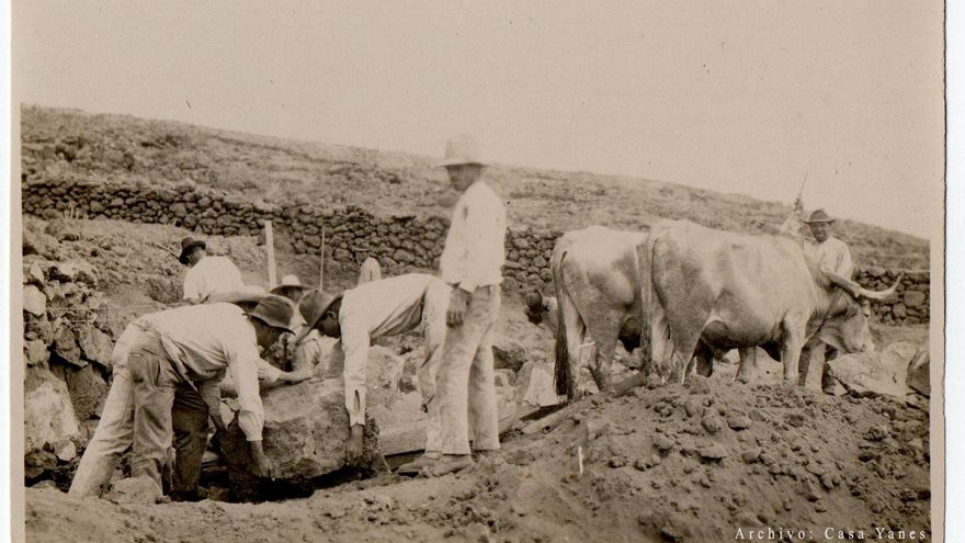 Trabajadores durante la construcción de los muros de mampostería para el cultivo del plátano. (Archivo Casa Yanes)