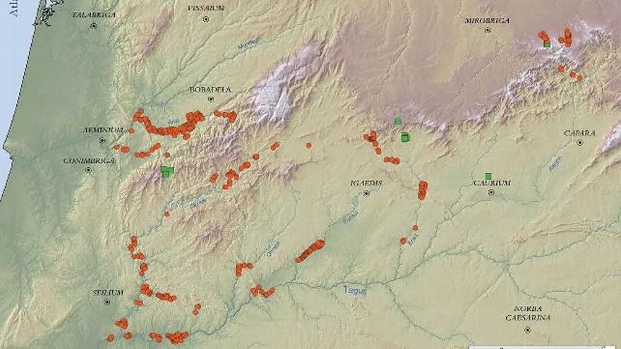Minería romana de oro en el valle del Tajo, tanto en Portugal como Extremadura. // Brais Curras et al.