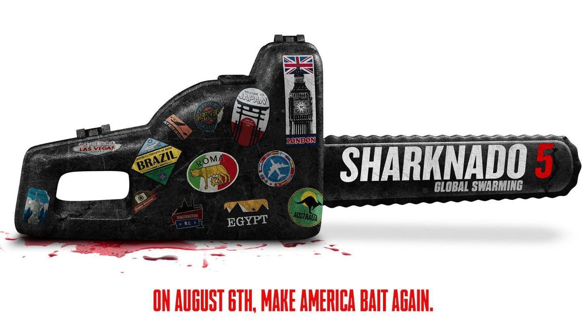 Imagen promocional de 'Sharknado 5' parafraseando el lema de Donald Trump