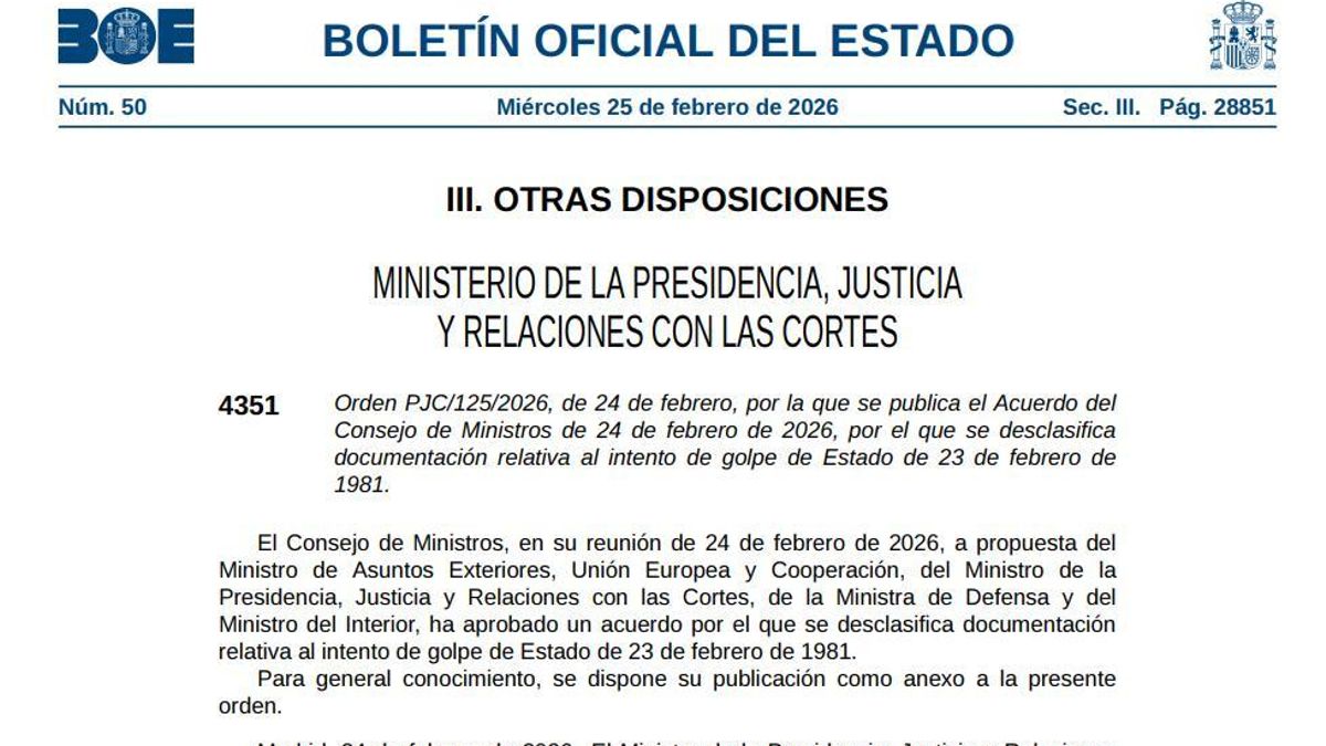 DOCUMENTO | Consulta el BOE con la orden para desclasificar los documentos del 23F