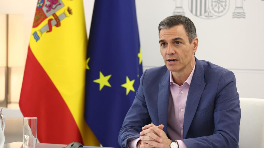 El presidente del Gobierno, Pedro Sánchez, durante la videoconferencia preparatoria a la Cuarta Conferencia Internacional sobre La Financiación para el Desarrollo de Sevilla, el 3 de junio de 2025.