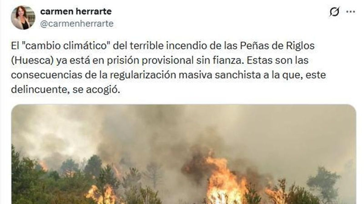 Una directora general del PP en Aragón utiliza el incendio de Riglos para lanzar un mensaje negacionista y racista