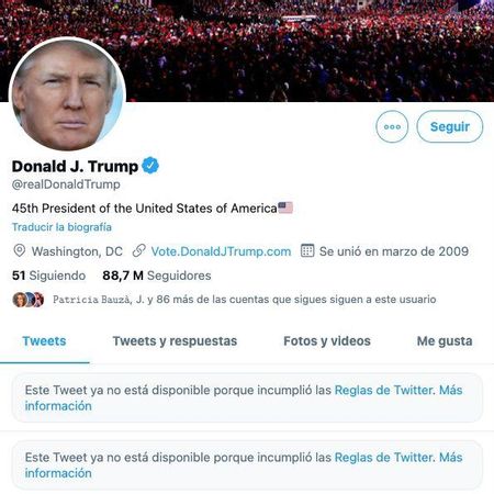 Captura de pantalla de la cuenta de Twitter de Donald Trump