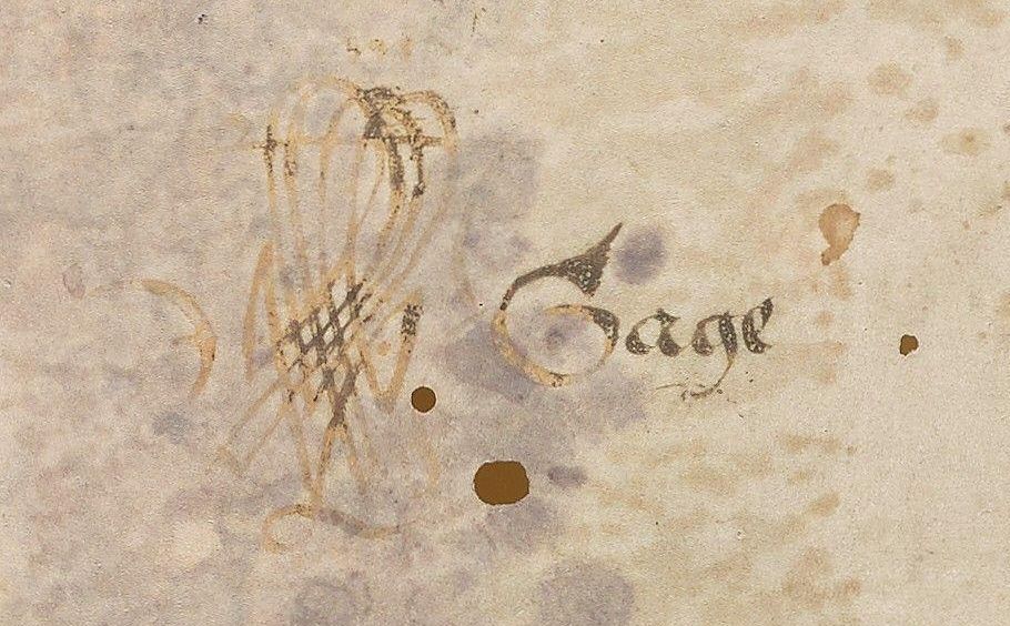 Primer plano de la firma de John Gage en el manuscrito Takamiya MS20