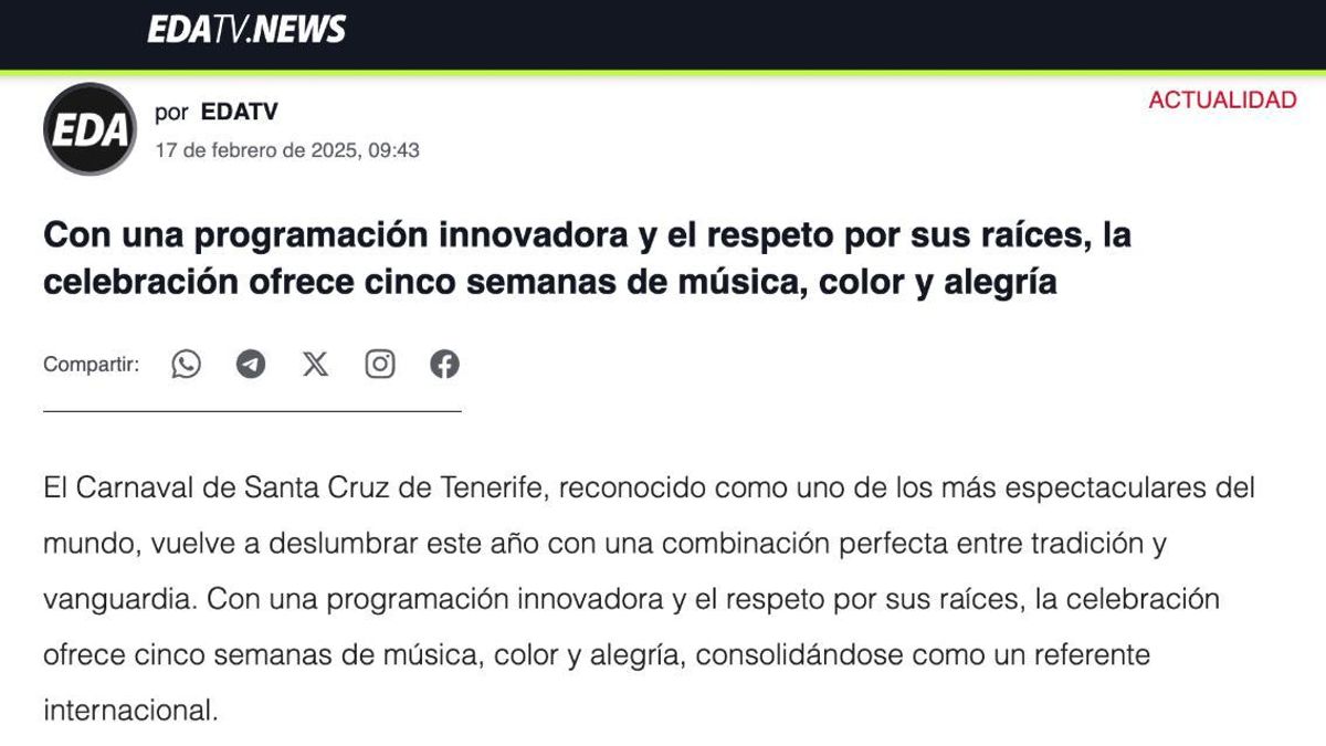 Santa Cruz da por bueno un reportaje de 2025 para pagarle 5.000 euros a Edatv por promocionar el Carnaval de 2026