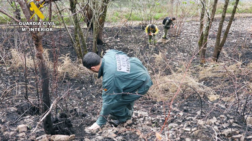 Una agente de la Guardia Civil investigando un incendio forestal.
