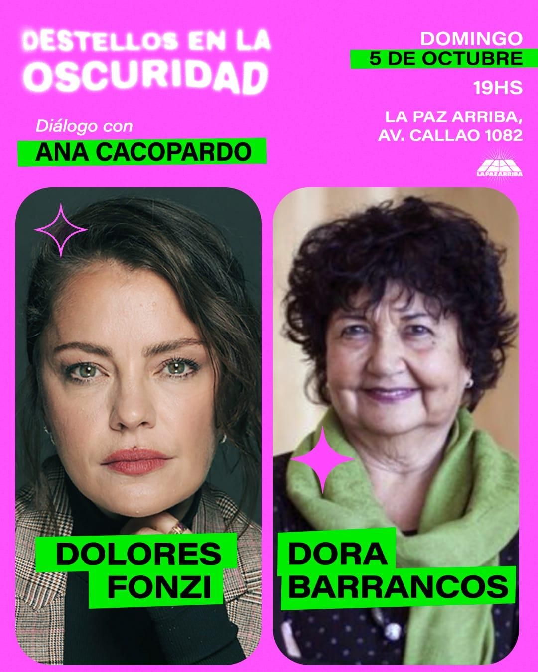 Dolores Fonzi y Dora Barrancos en el próximo encuentro de "Destellos en la Oscuridad", este domingo.