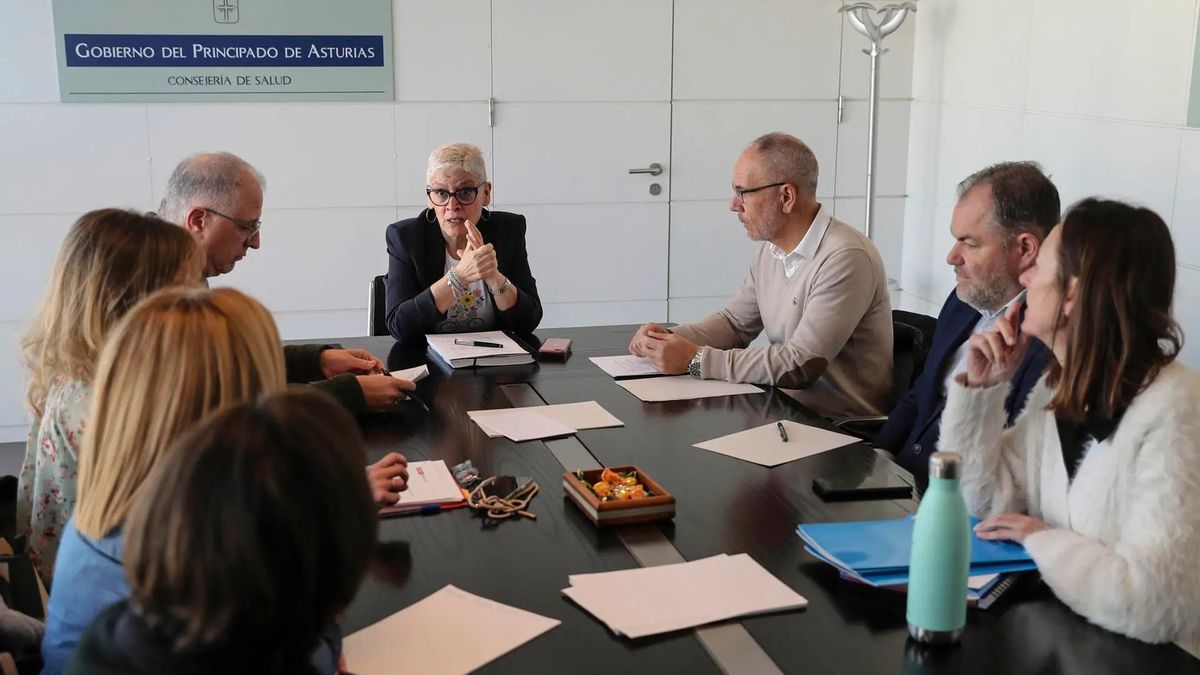 La consejera de Salud de Asturias, Concepción Saavedra, en el centro, durante una reunión con representantes de varios colectivos.