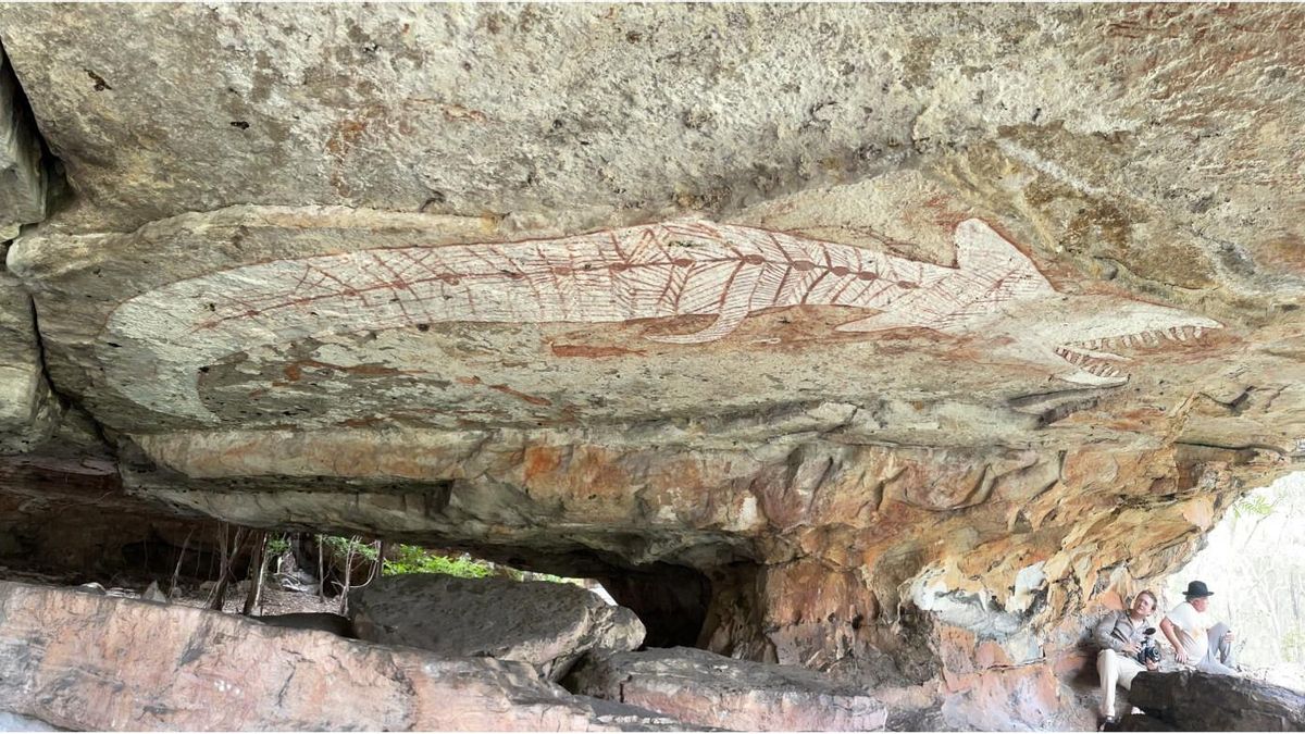 La representación más grande de la Serpiente Arcoíris Awunbarna se encuentra en el techo del sitio AW5 y hace que los visitantes situados a la derecha parezcan muy pequeños