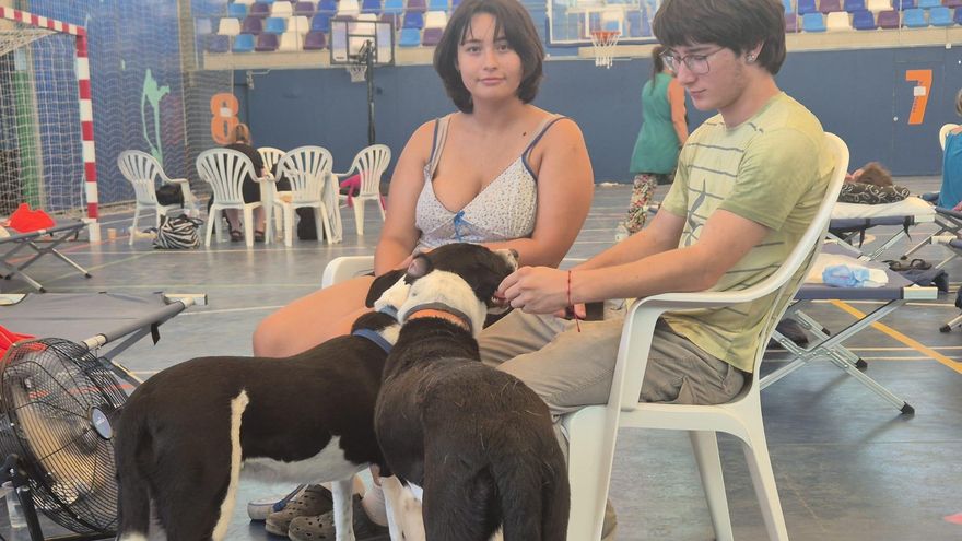 Uriel y X junto con sus perros en el polideportivo Vista Alegre de Garrucha