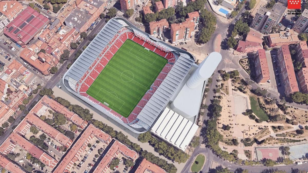Vista cenital de la recreación del proyecto del Estadio de Vallecas proyectado por la Comunidad de Madrid para el Rayo