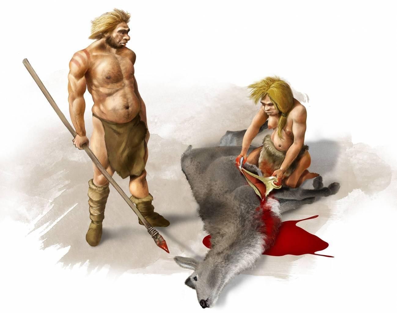 Ilustración de una pareja de neandertales.