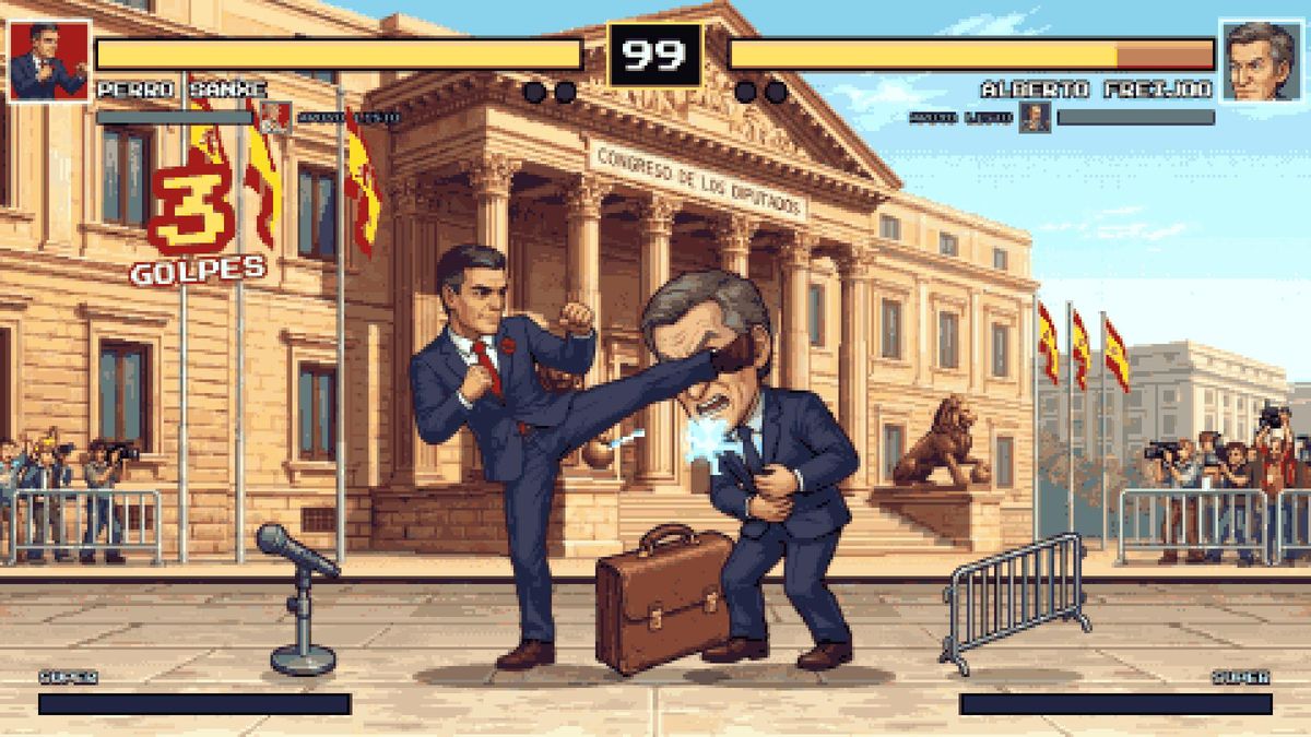 El personaje de Pedro Sánchez, dando una patada al de Feijóo.