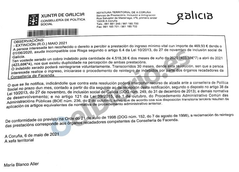 Segunda parte de una de las cartas enviadas por la Xunta para reclamar la devolución de varios meses de Risga.