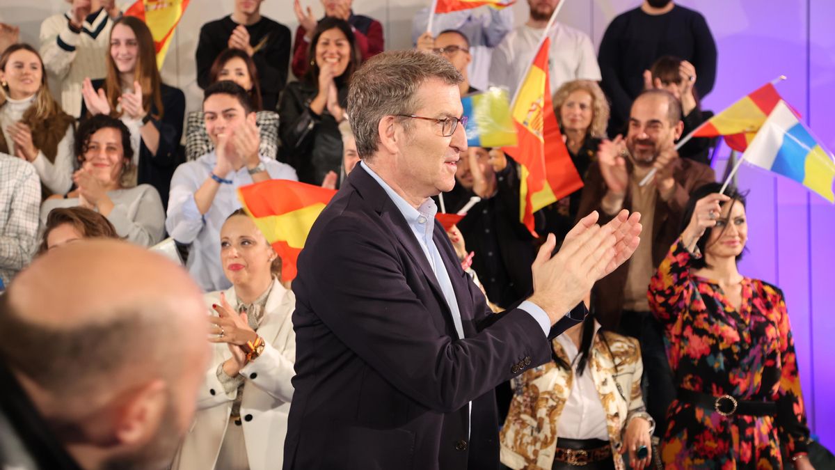El  presidente del Partido Popular, Alberto Núñez Feijóo, interviene en el acto de presentación de la candidatura de Jimena Delgado a la alcaldía, a 18 de febrero de 2023, en Las Palmas de Gran Canaria, Gran Canaria, Las Palmas, Canarias (España).