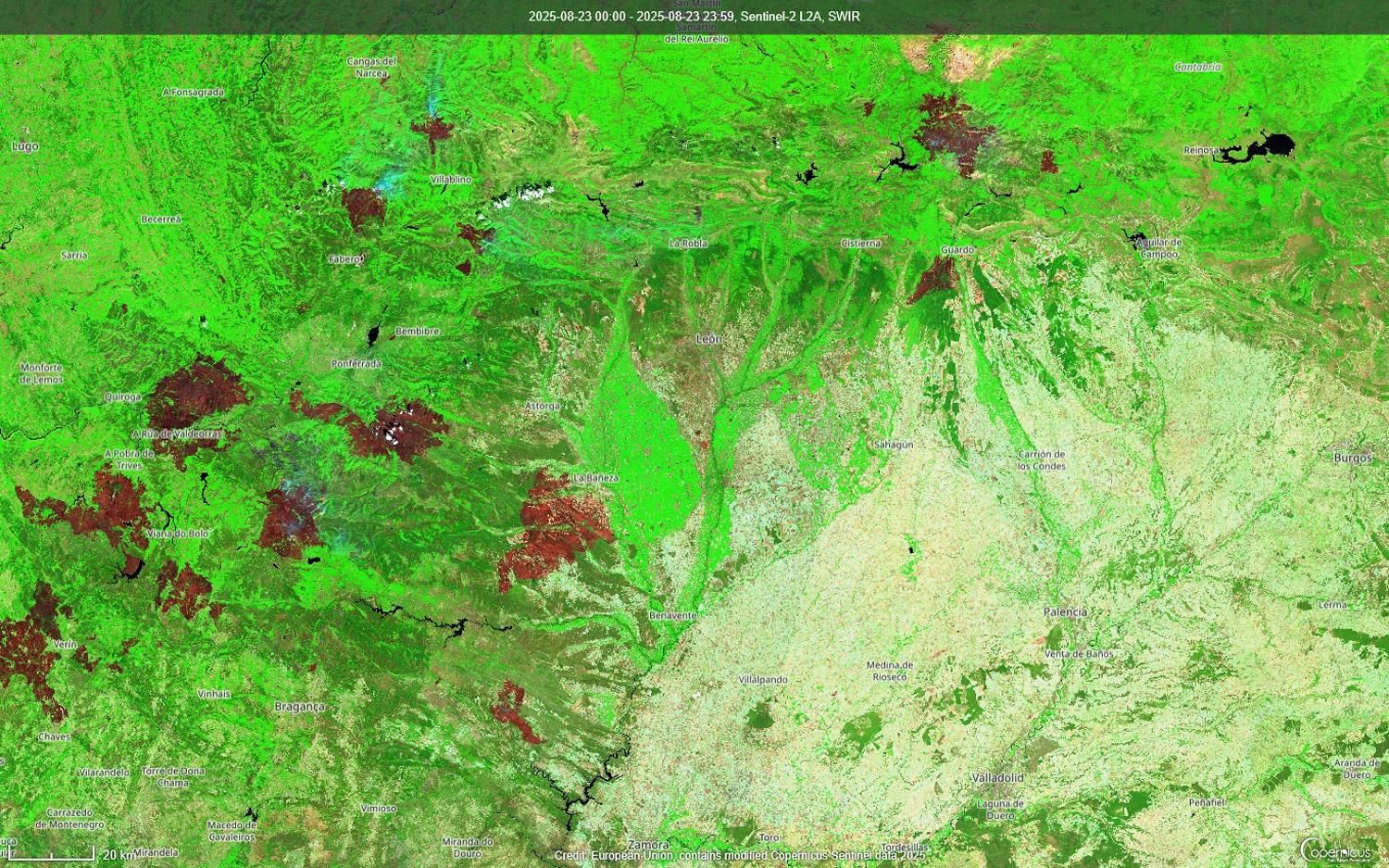 Imagen del satélite Sentinel 2 el pasado 23 de agosto donde se pueden ver las áreas afectadas por los incendios en el noroeste de la penísula ibérica.