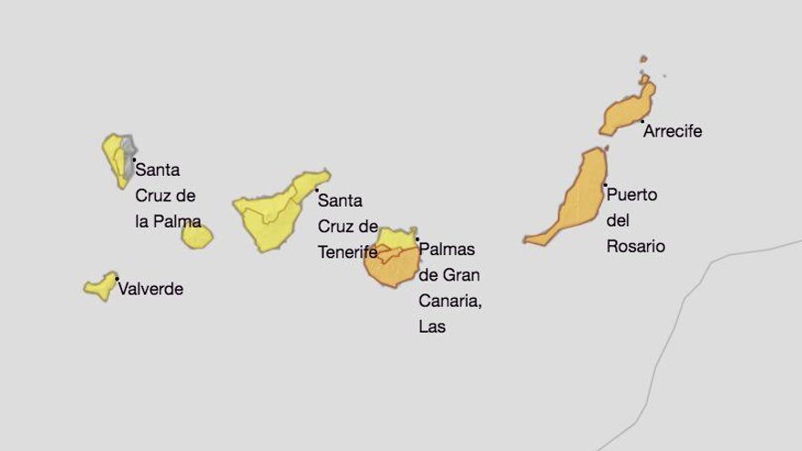 Mapa de la Aemet de los avisos de riesgo por temperaturas máximas  este sábado.