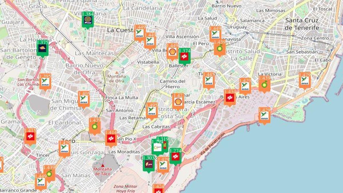 Precios del combustible 95 este miércoles en las gasolineras de Santa Cruz de Tenerife.
