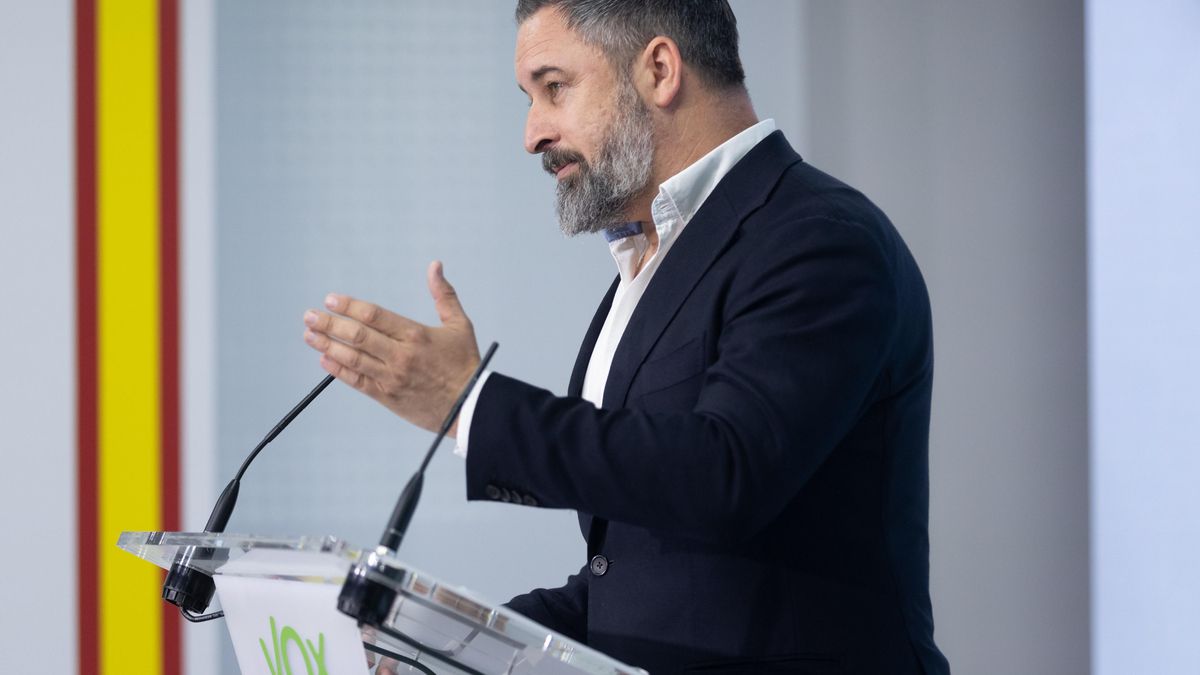 Archivo - El líder de Vox, Santiago Abascal, durante una rueda de prensa en la sede del partido, en Madrid (España).
