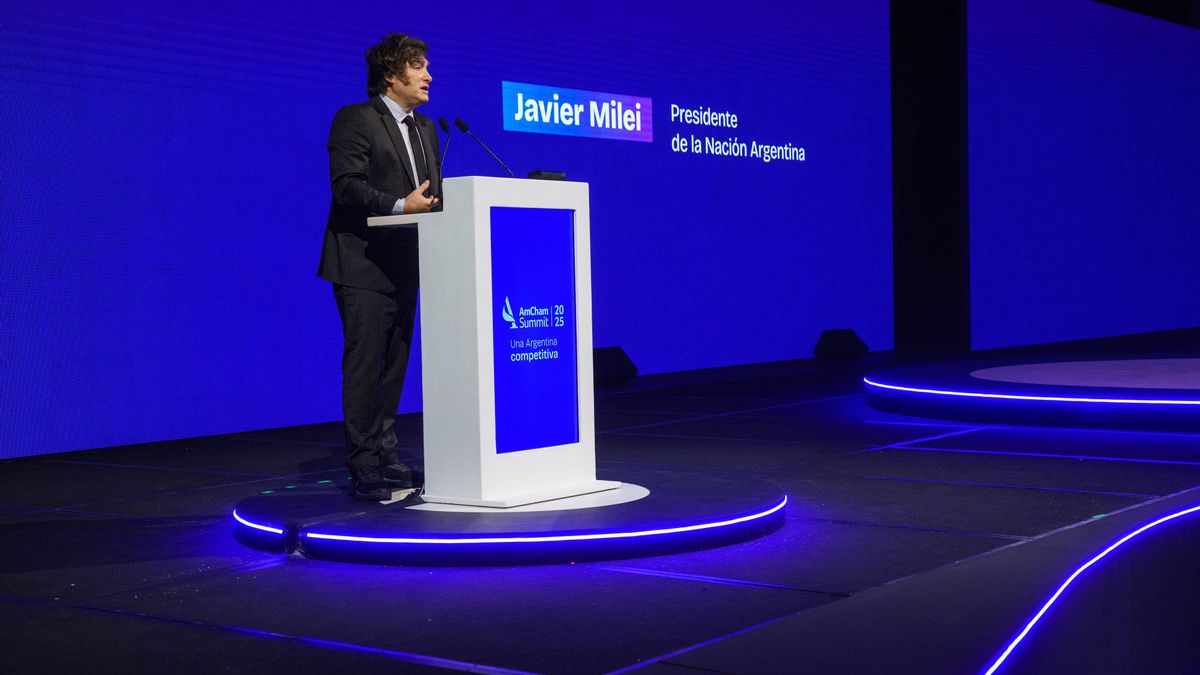 El presidente Javier Milei al hablar en AmCham, donde aseguró que la ley IVE produjo un descenso en los nacimientos.