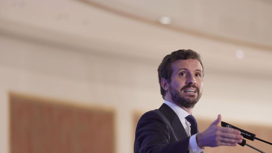 El presidente del Partido Popular, Pablo Casado, interviene durante un desayuno informativo del Fórum Europa, organizado por Nueva Economía Fórum, en el Hotel Four Seasons, a 7 de septiembre de 2021, en Madrid (España).