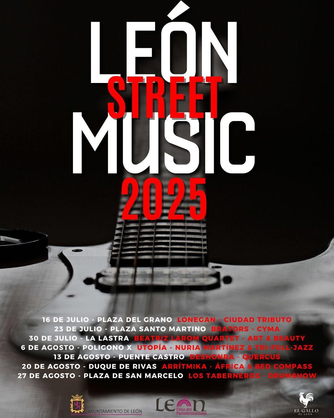 Cartel de los conciertos, horarios y plazas del 'León Street Music' de este verano.