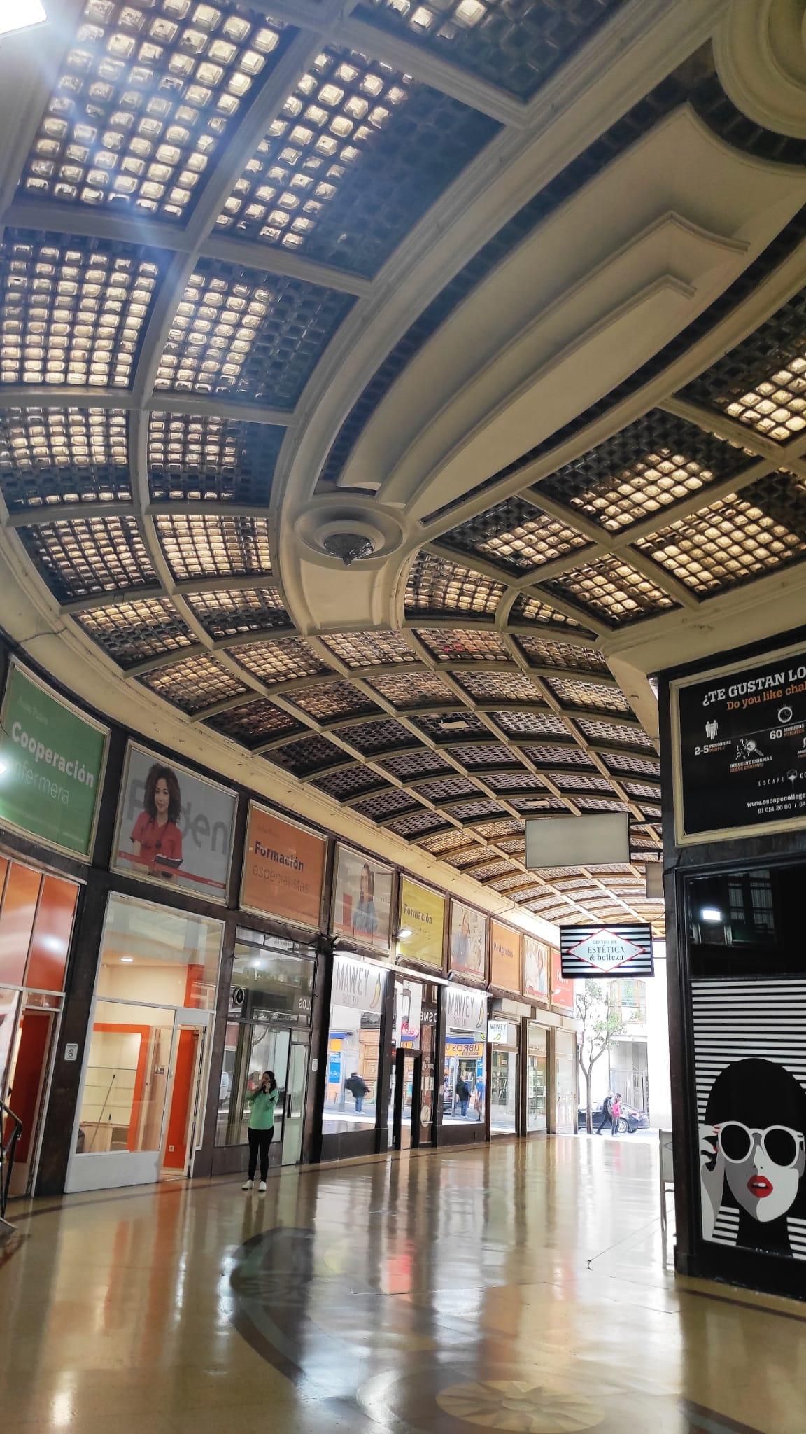El pasaje presenta una forma de 'S' con un impresionante techo de pavés
